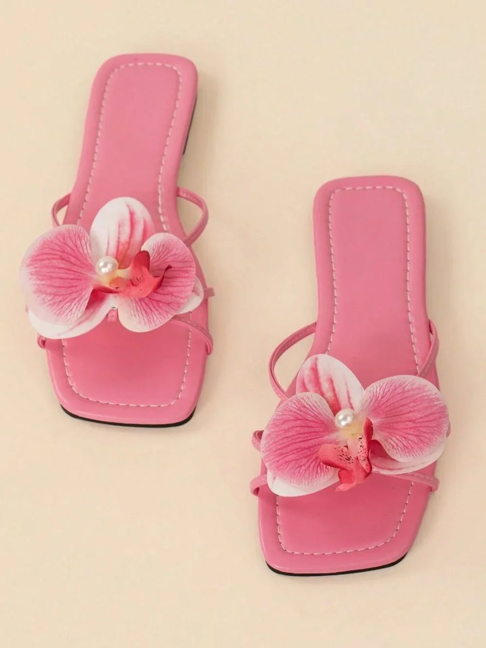 Baby Pink Bohemian Women's Orchid Flower Decor Flat Slide Sandals